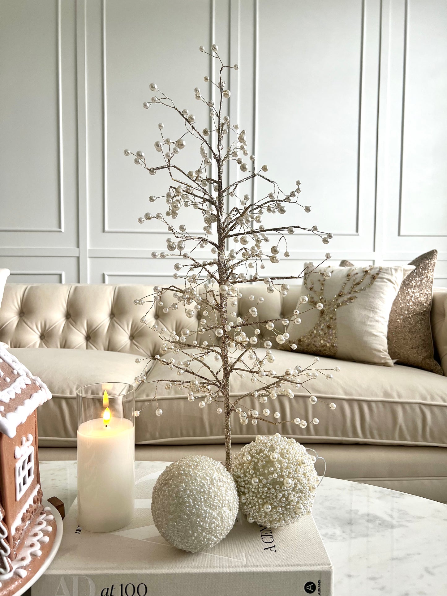 Glittered Tree with Pearls 27"H