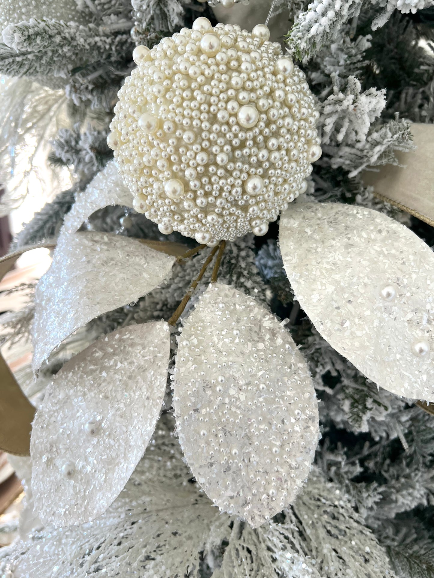 White Glitter Magnolia Leaf Spray 23" L