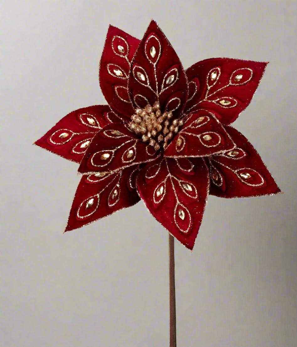 22" Bejeweled Burgundy Poinsettia Stem