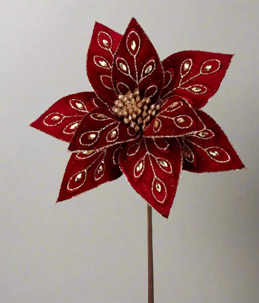 22" Bejeweled Burgundy Poinsettia Stem