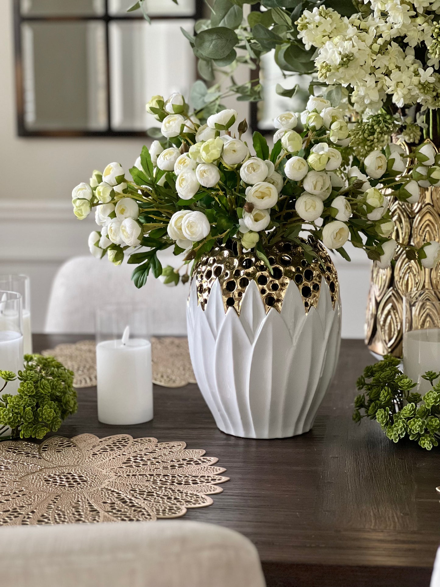 White Leaf Vase with Gold Detail 11" H