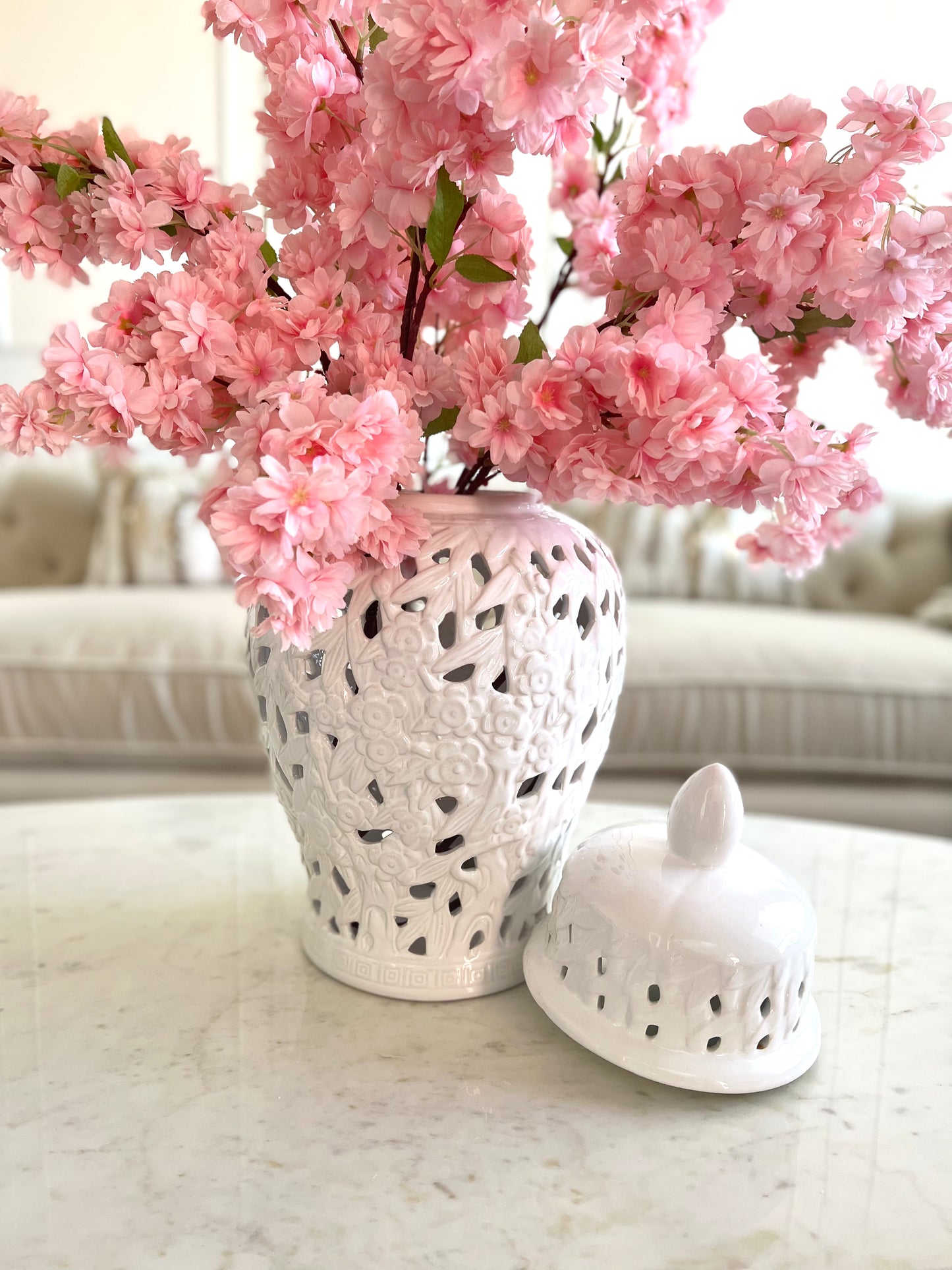 18.5" White Petals Ginger Jar