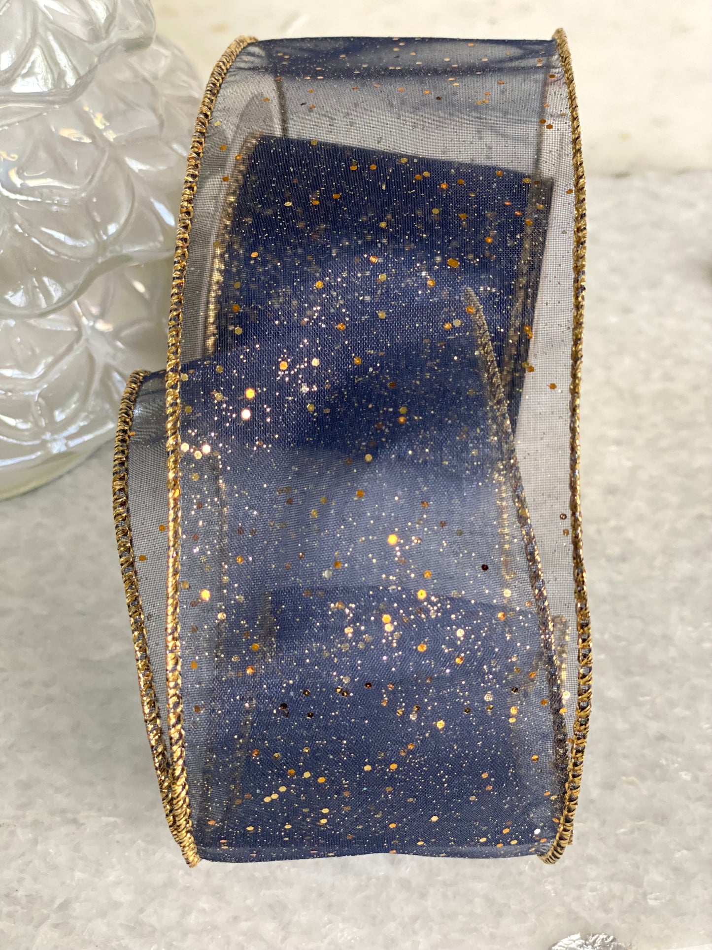 Navy Sheer Glitter Ribbon 2.5" W