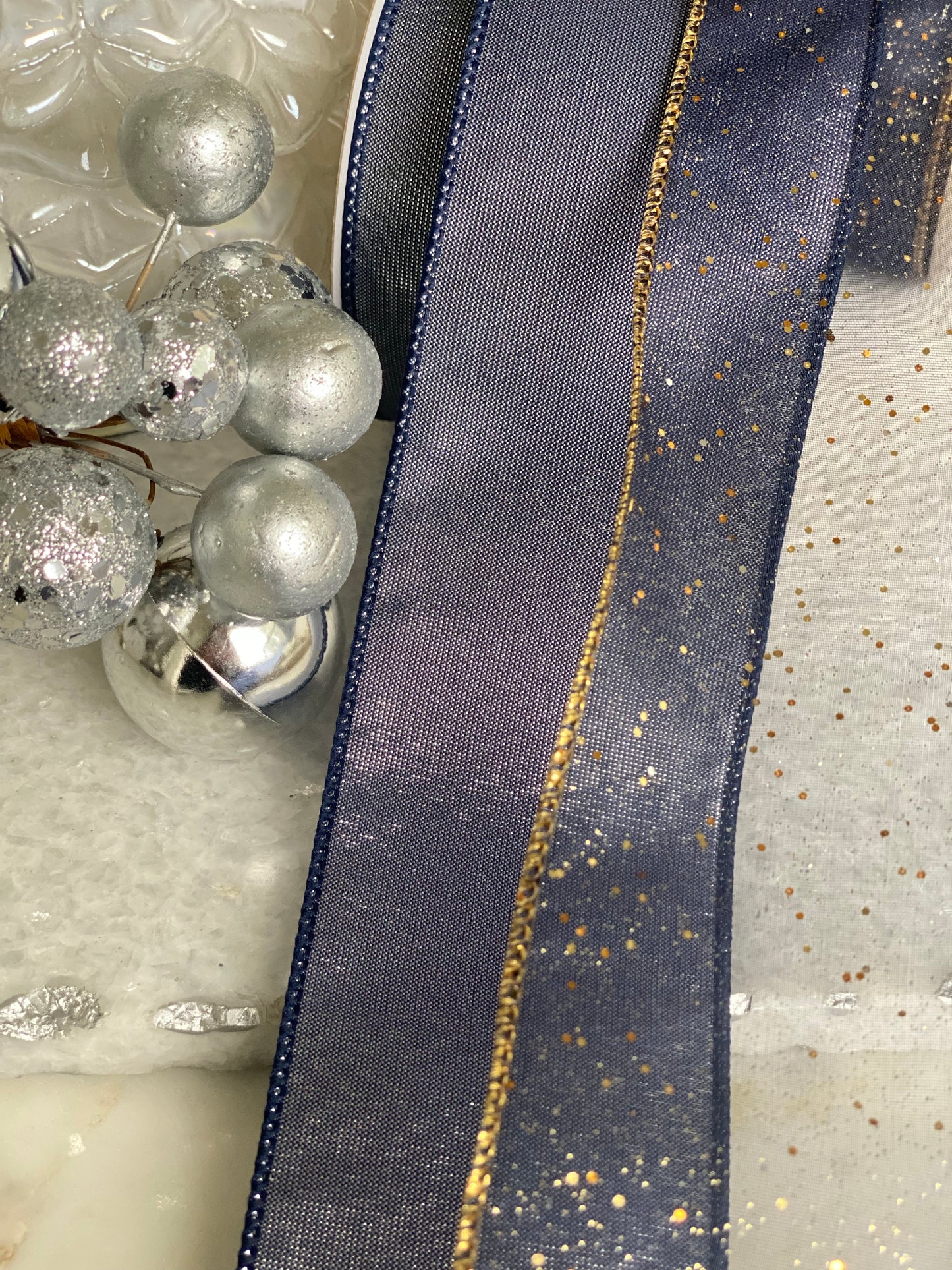 Navy Sheer Glitter Ribbon 2.5" W