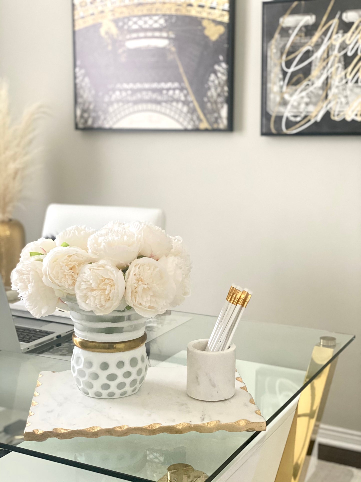 8" White Glass Vase with Gold Band. A sophisticated vase all on its own. Glam decor. Home decor.