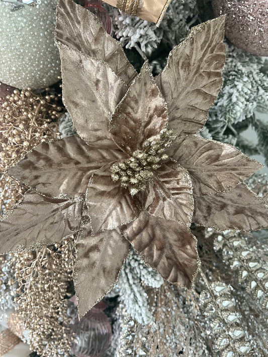 Taupe Glitter Velvet Poinsettia Stem 24" - Final Sale
