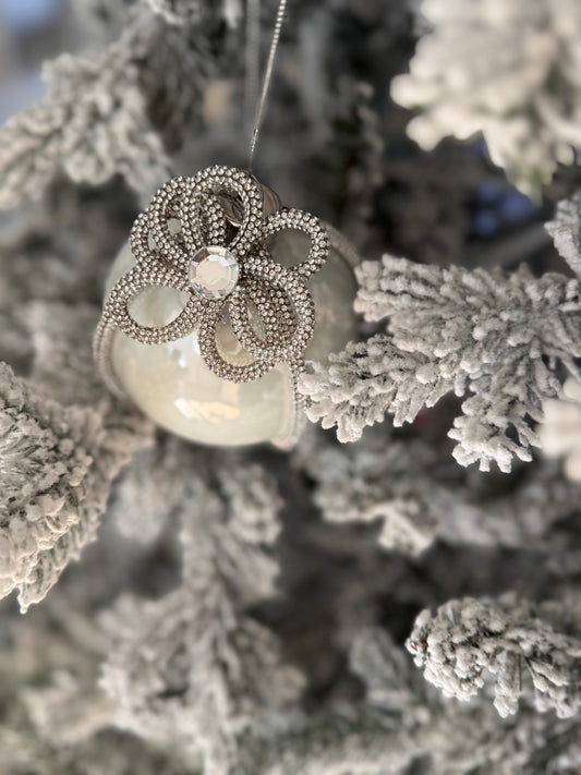 4.5" White Glass Ornament with Bow