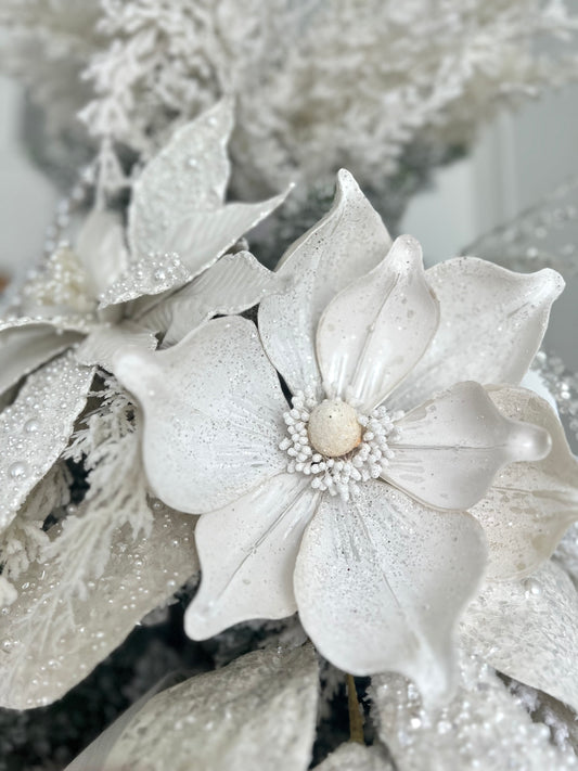 23” L White Glittery Magnolia Stem