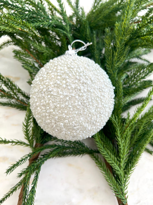 4" White Glitter Bead Ball Ornament