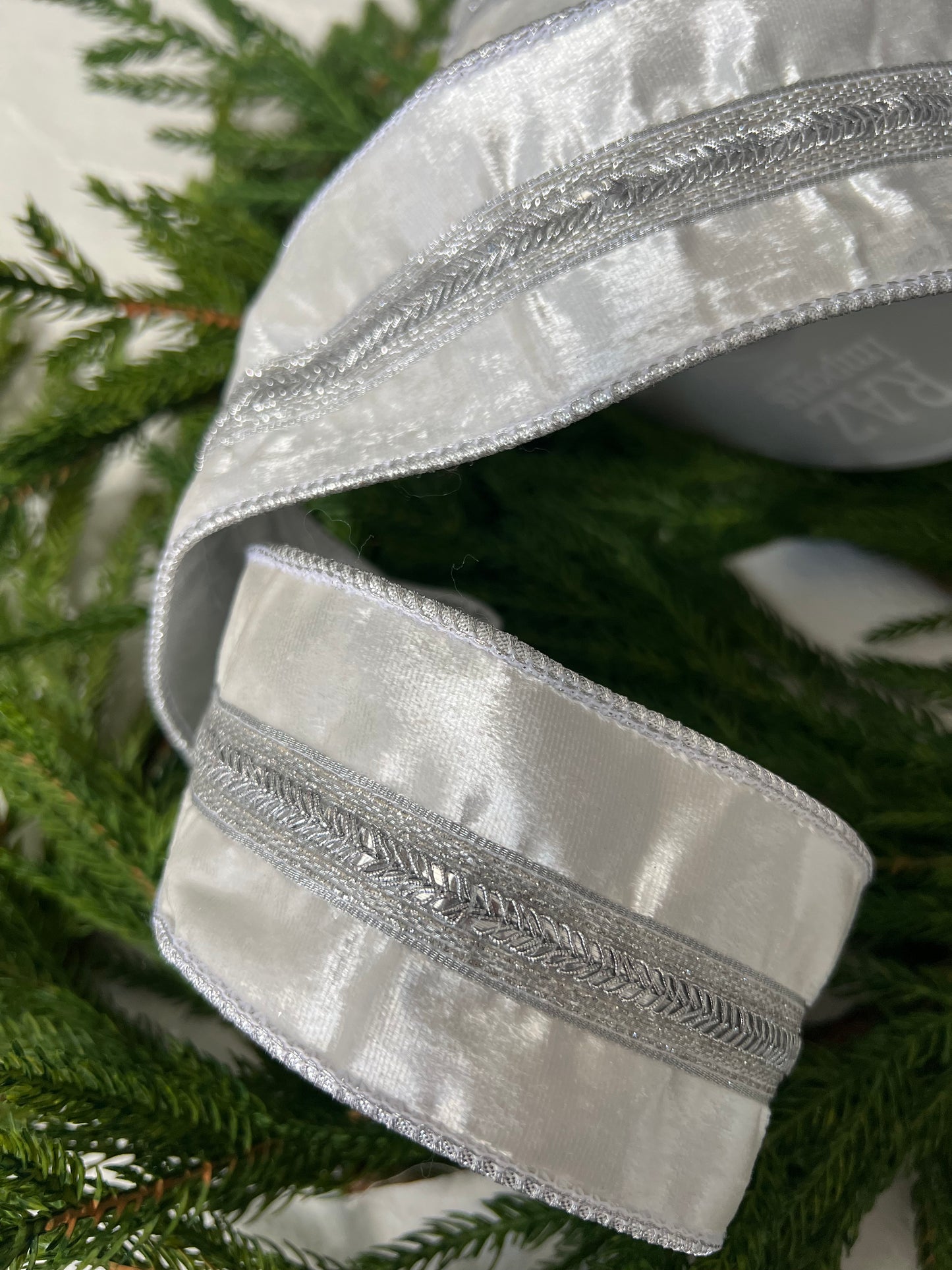 White Velvet Ribbon with Silver Embellishments (2.5" wide)