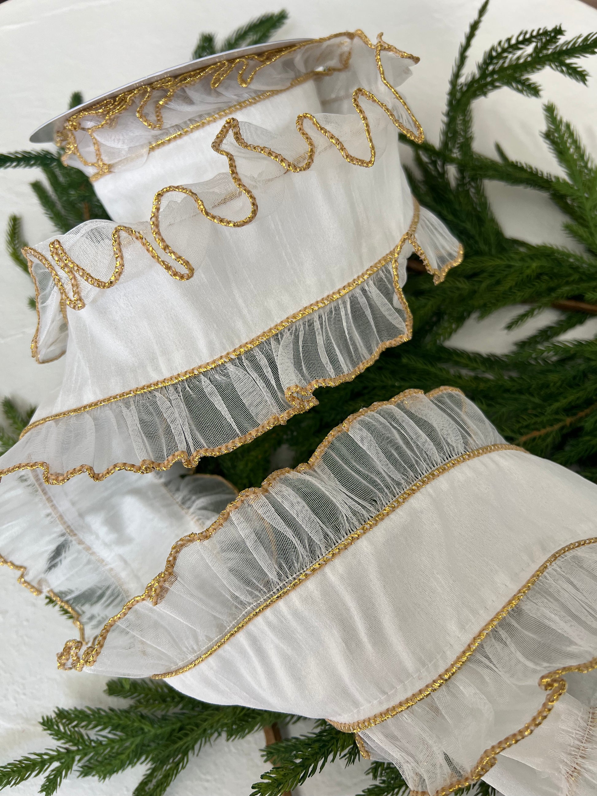 White Ruffle Ribbon Wide Sheer Ruffled White Ribbon with Gold Trim (4