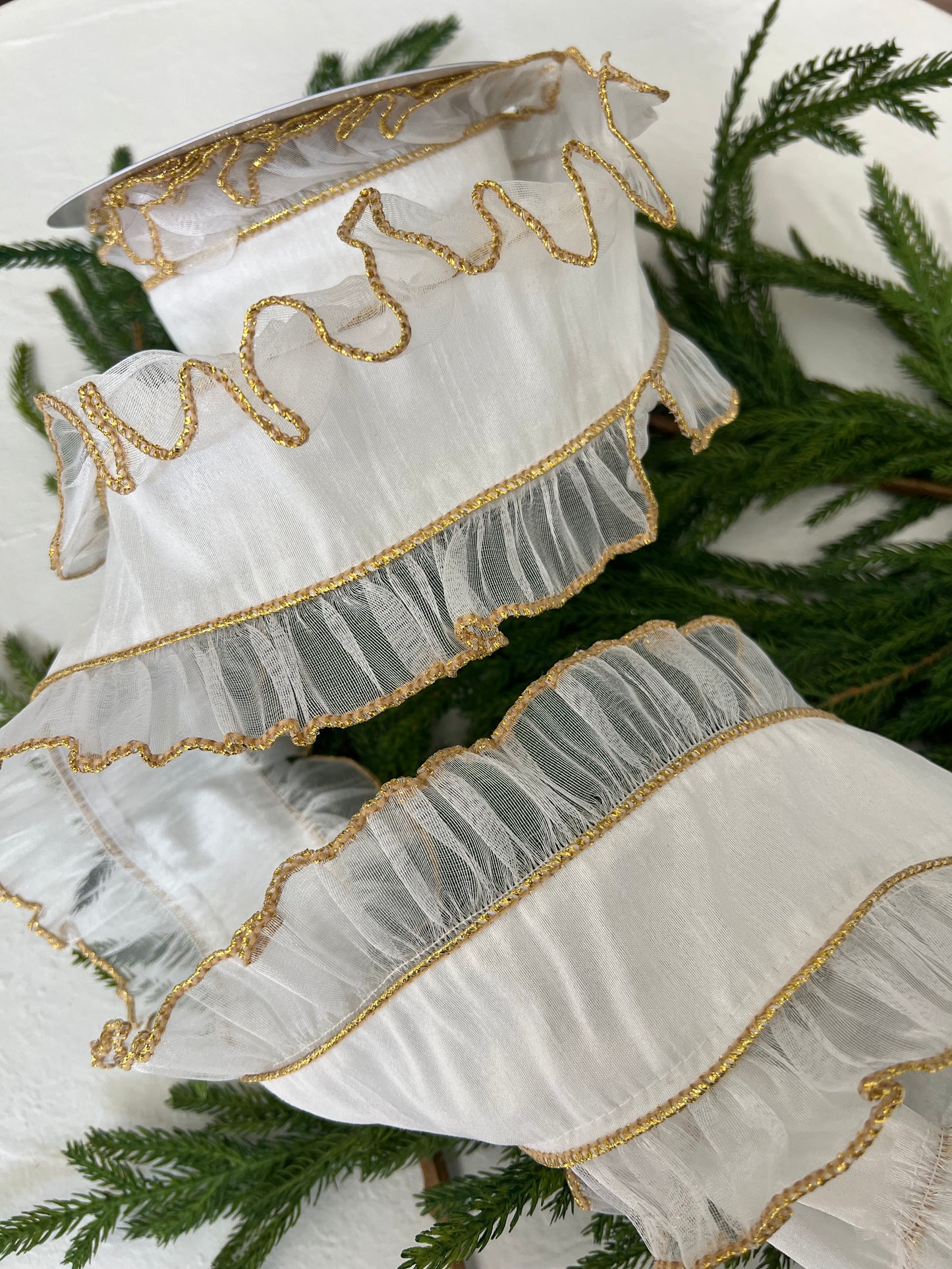 Sheer Ruffled White Ribbon with Gold Trim (4" wide)