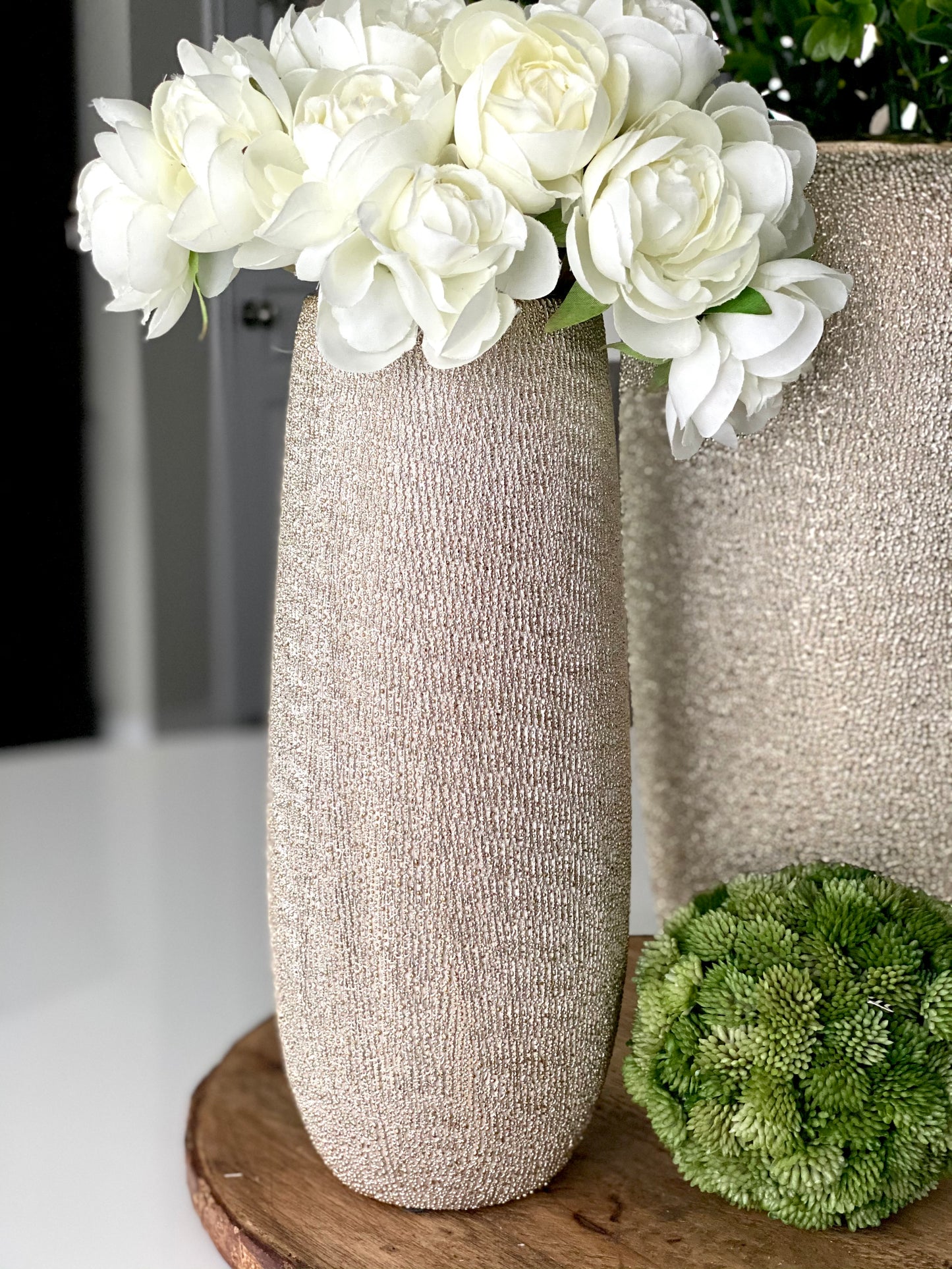 Gorgeous Champagne colored ceramic vase.  Beautiful on its own or with florals. Pairs well with the larger version.  Home decor.  Glam decor. 