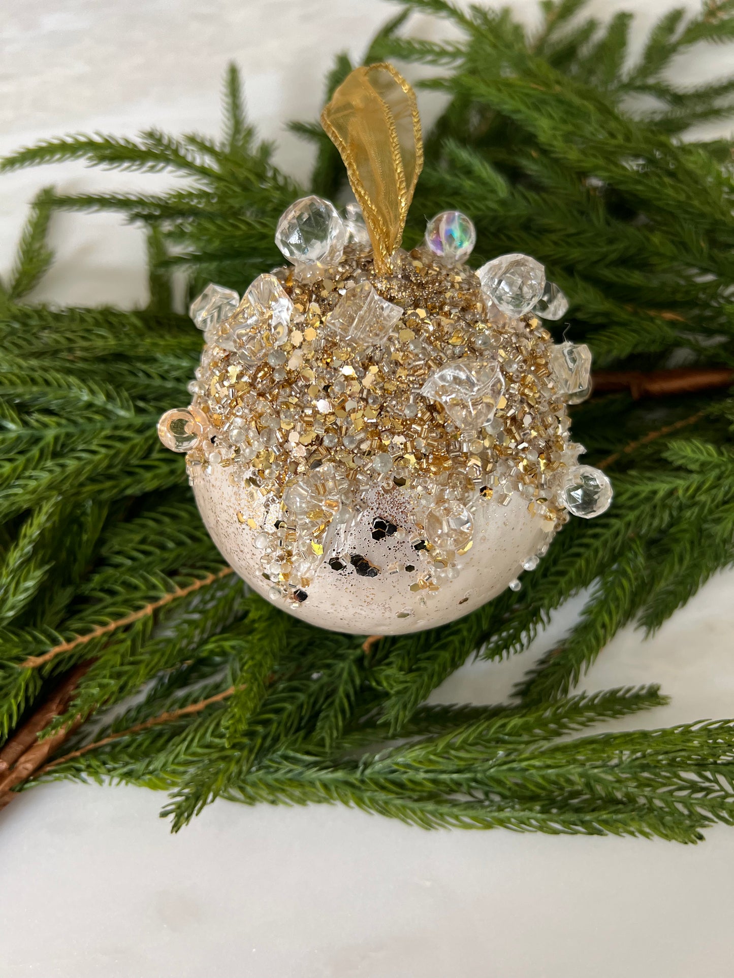4" Ivory & Gold Jeweled Ornament